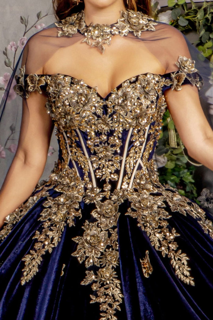 Navy Blue And Gold Quinceanera Dresses Velvet Cape Ball Gown by GL3471