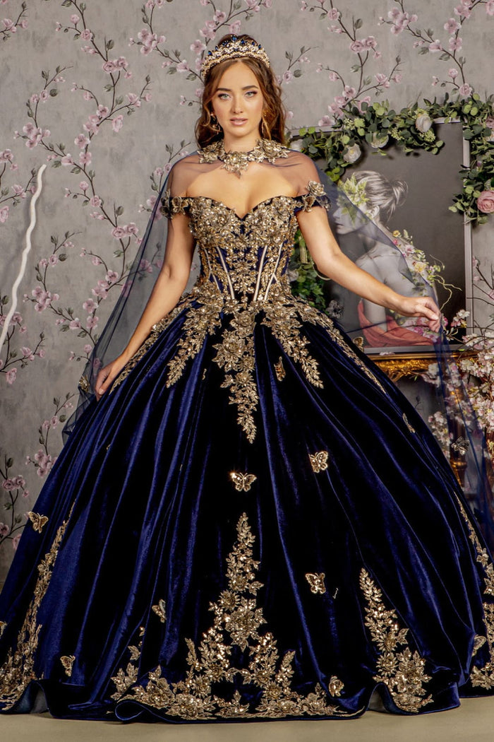 Navy Blue And Gold Quinceanera Dresses Velvet Cape Ball Gown by GL3471