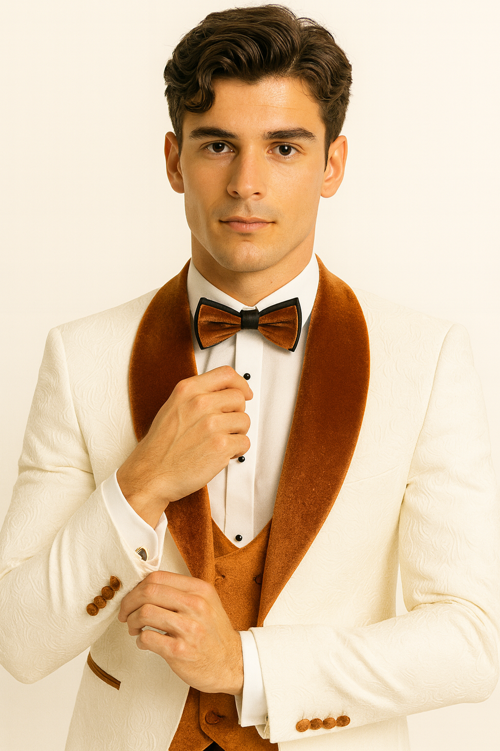 Mens Groom Wedding Shawl Collar - Paisley Burnt Orange Velvet 4pc Suit W/ Matching Bowtie