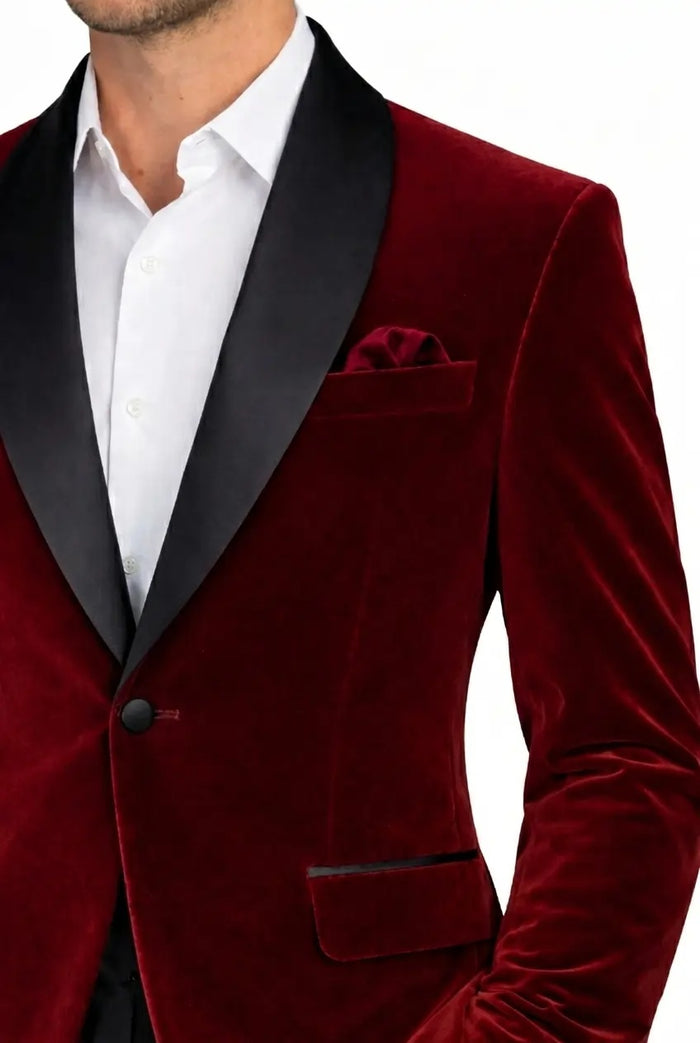 Men’s Maroon Velvet Blazer with Shawl Collar – Luxury Evening & Wedding Jacket