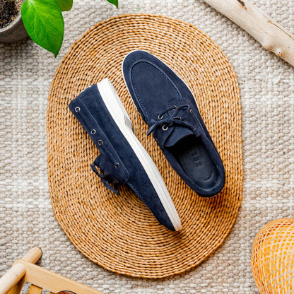 Zelli Venice Hand-Stitched Sueded Goatskin Boat Shoe in Navy