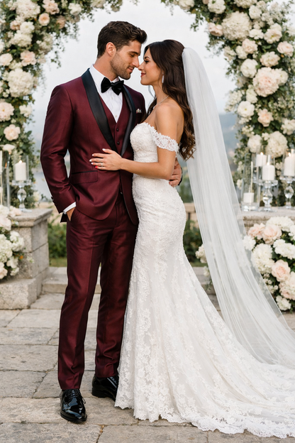 Classic Burgundy Shawl Lapel Tuxedo  Versailles Mens 3-Piece Suit