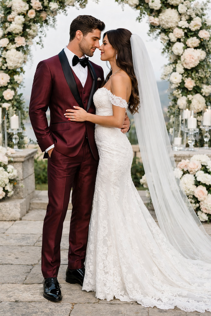 Classic Burgundy Shawl Lapel Tuxedo  Versailles Mens 3-Piece Suit