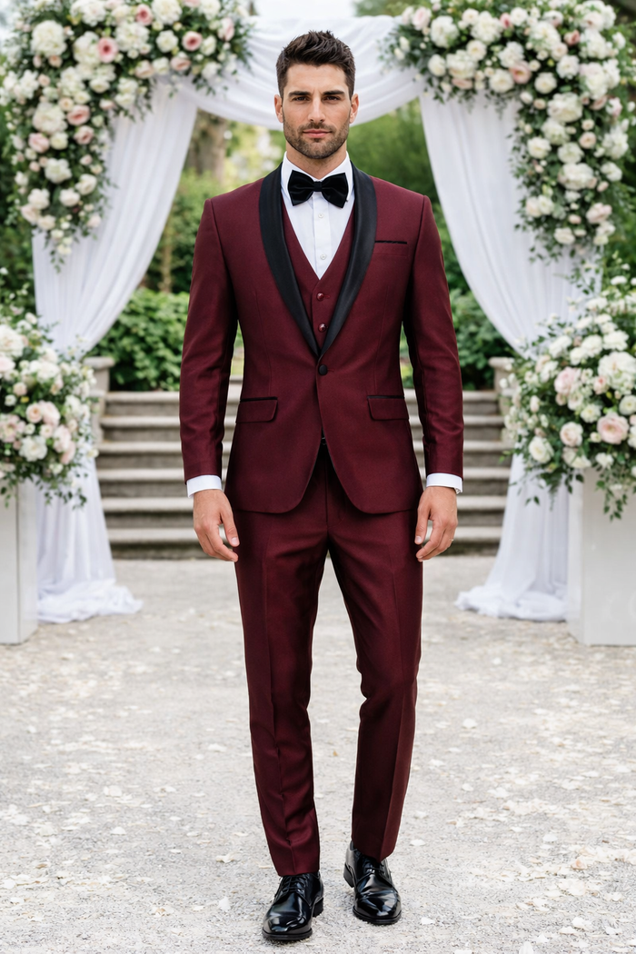 Classic Burgundy Shawl Lapel Tuxedo  Versailles Mens 3-Piece Suit