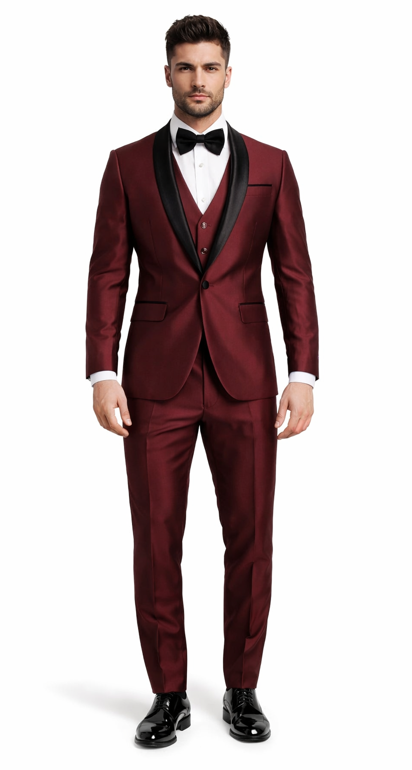 Classic Burgundy Shawl Lapel Tuxedo  Versailles Mens 3-Piece Suit
