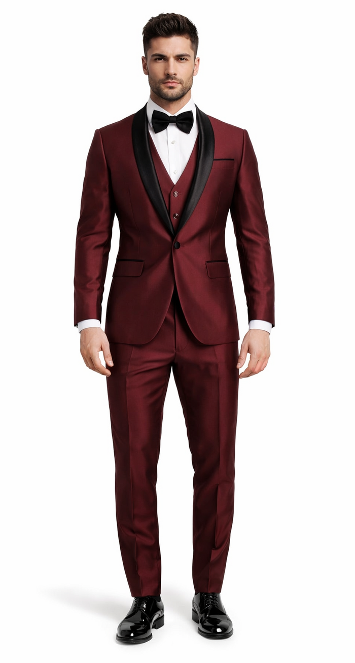 Classic Burgundy Shawl Lapel Tuxedo  Versailles Mens 3-Piece Suit