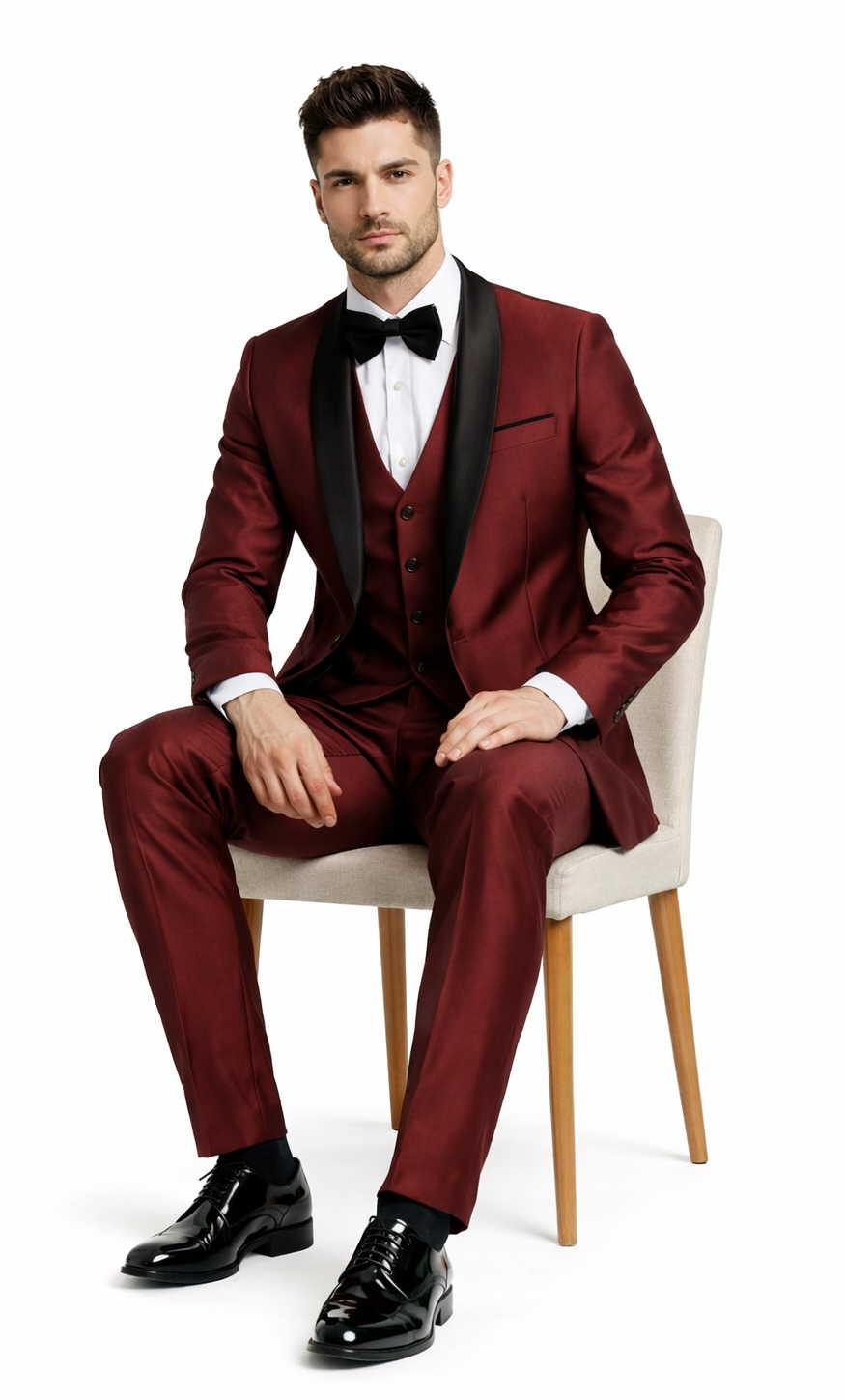 Classic Burgundy Shawl Lapel Tuxedo – Versailles Men’s 3-Piece Suit