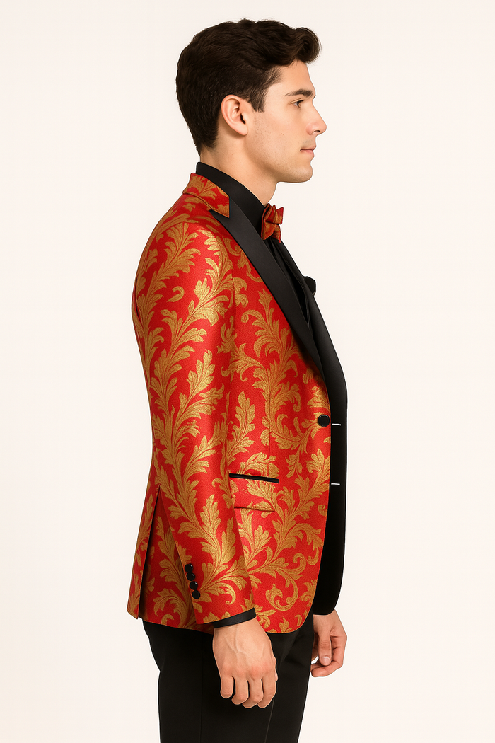 Mens Shiny Paisley Vested Wedding and Prom Tuxedo in Red and Gold