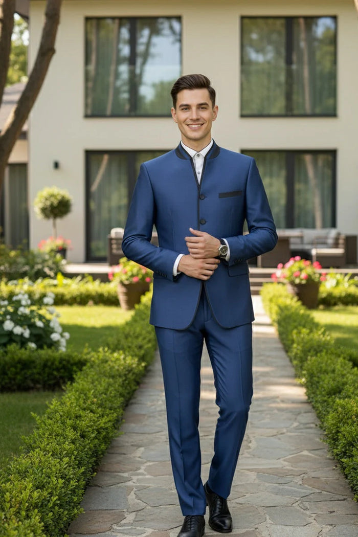 Mens Blue Sharkskin Mandarin Collar Tuxedo - 2 Piece Slim Fit Luxury Set
