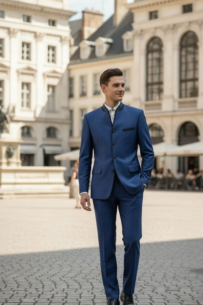 Mens Blue Sharkskin Mandarin Collar Tuxedo - 2 Piece Slim Fit Luxury Set