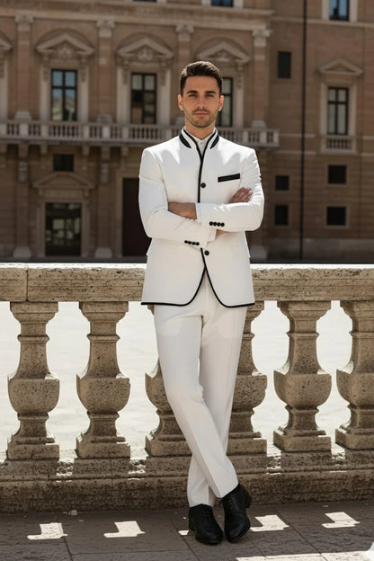 Mens White Sharkskin Mandarin Collar Tuxedo – Slim Fit 2 Piece Luxury Set