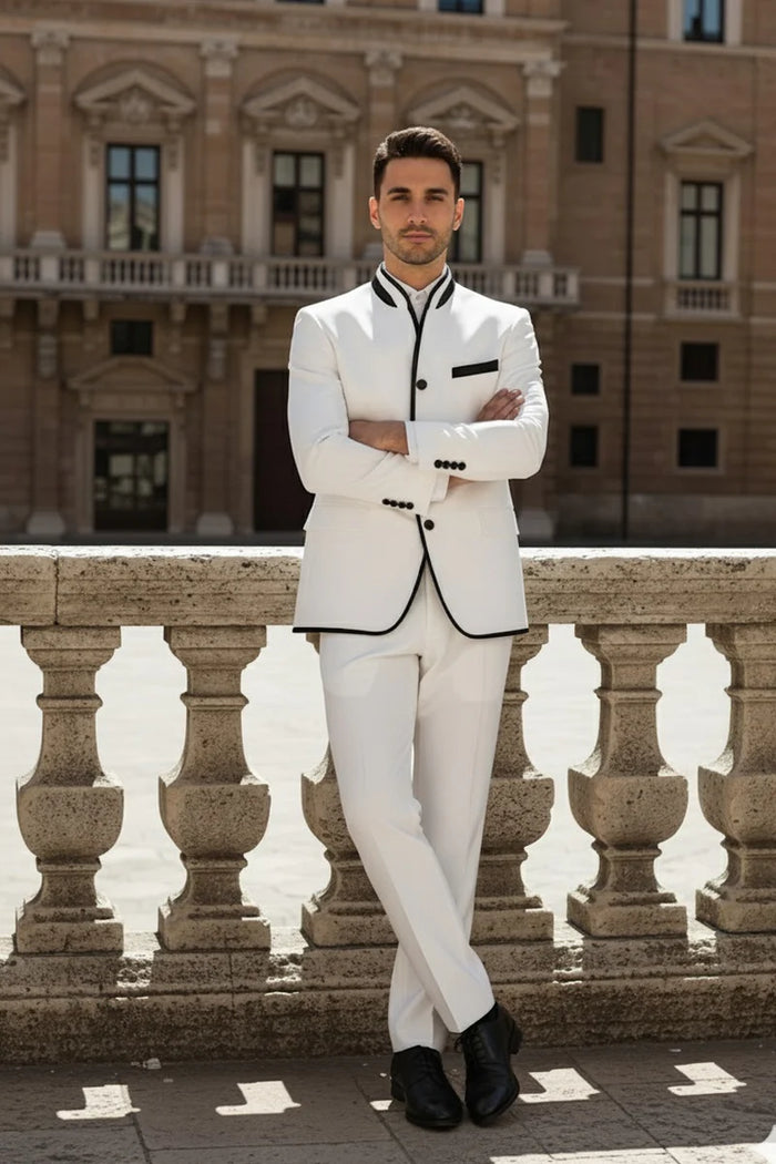 Mens White Sharkskin Mandarin Collar Tuxedo – Slim Fit 2 Piece Luxury Set