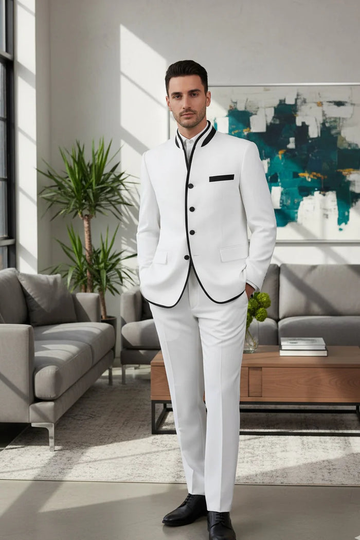 Mens White Sharkskin Mandarin Collar Tuxedo – Slim Fit 2 Piece Luxury Set