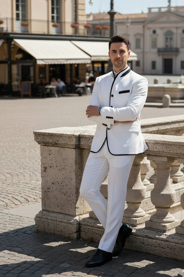Mens White Sharkskin Mandarin Collar Tuxedo – Slim Fit 2 Piece Luxury Set