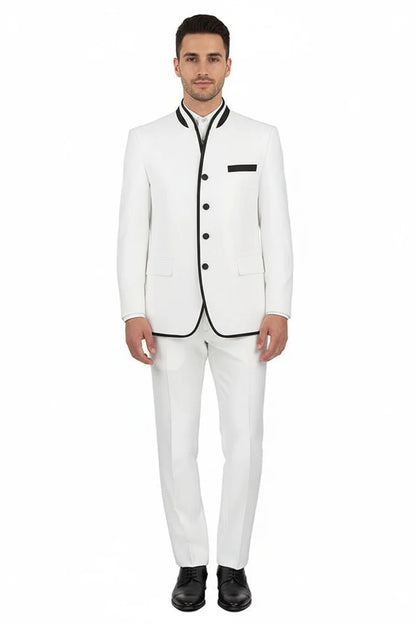 Mens White Sharkskin Mandarin Collar Tuxedo – Slim Fit 2 Piece Luxury Set