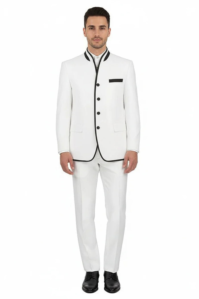 Mens White Sharkskin Mandarin Collar Tuxedo – Slim Fit 2 Piece Luxury Set