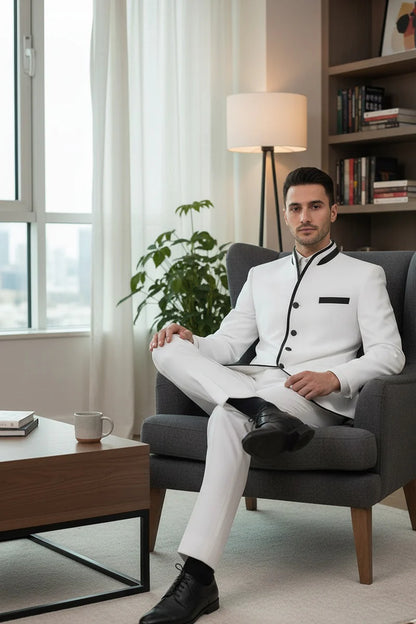 Mens White Sharkskin Mandarin Collar Tuxedo – Slim Fit 2 Piece Luxury Set