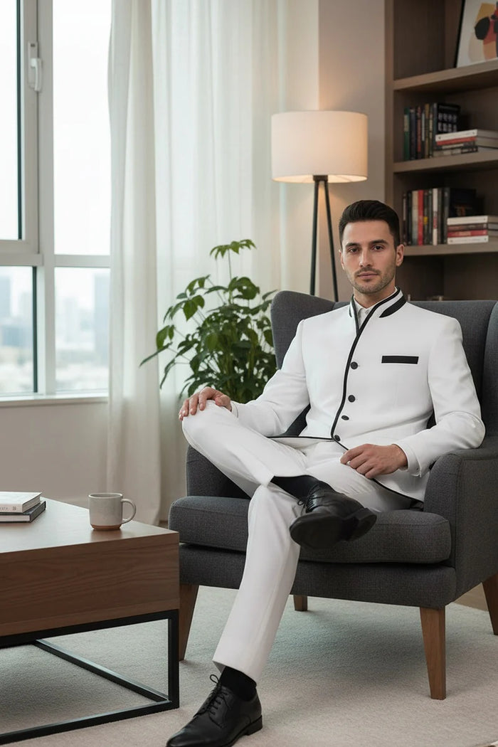 Mens White Sharkskin Mandarin Collar Tuxedo – Slim Fit 2 Piece Luxury Set