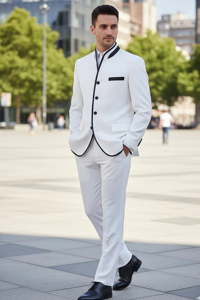 Mens White Sharkskin Mandarin Collar Tuxedo – Slim Fit 2 Piece Luxury Set