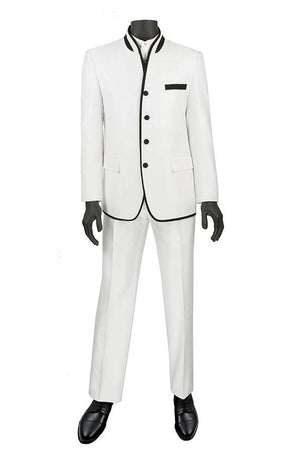 Mens White Sharkskin Mandarin Collar Tuxedo – Slim Fit 2 Piece Luxury Set