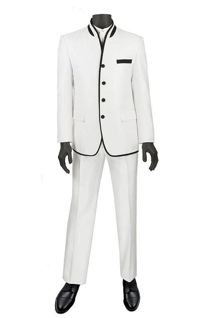 Mens White Sharkskin Mandarin Collar Tuxedo – Slim Fit 2 Piece Luxury Set