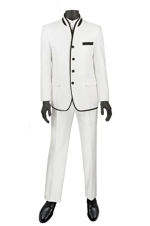 Mens White Sharkskin Mandarin Collar Tuxedo – Slim Fit 2 Piece Luxury Set