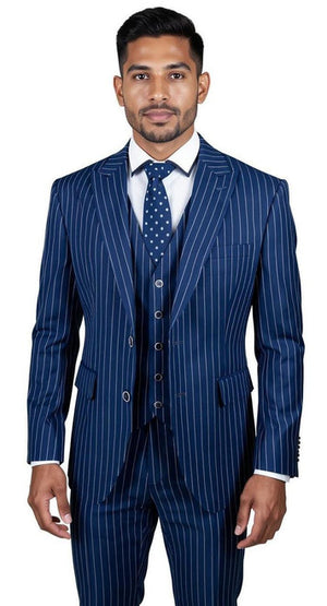 Men's 1920s Blue Vintage Stripe Suit with Vest Vinci F-V2RS9