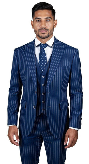 Men's 1920s Blue Vintage Stripe Suit with Vest Vinci F-V2RS9