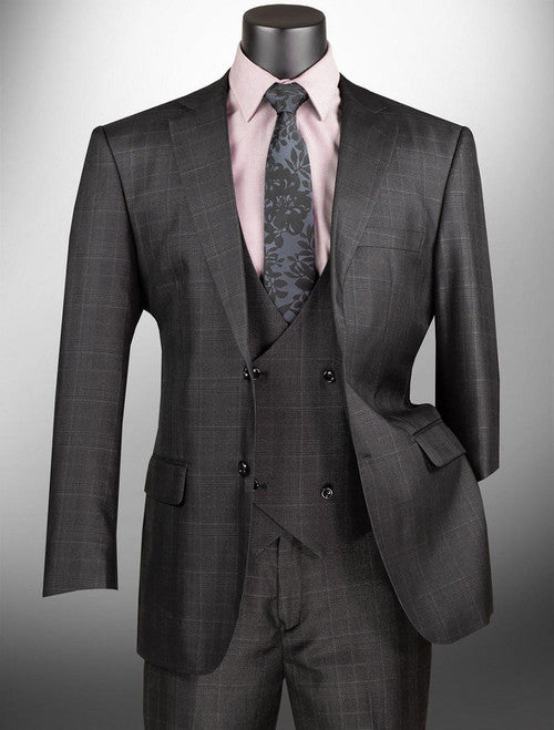 Vinci Men's 1920s Plaid 3 Piece Suit Black Fashion Vest F-V2RW7