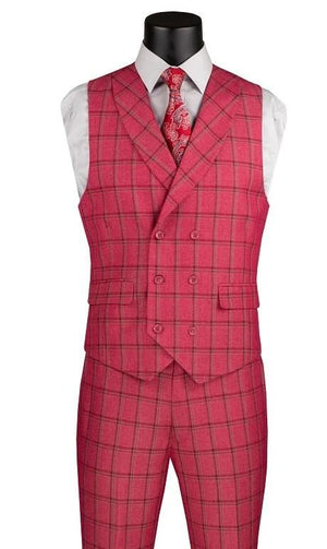 Vinci Men's 3 Piece Red Plaid Suit with Vest Modern Fit MV2W-4