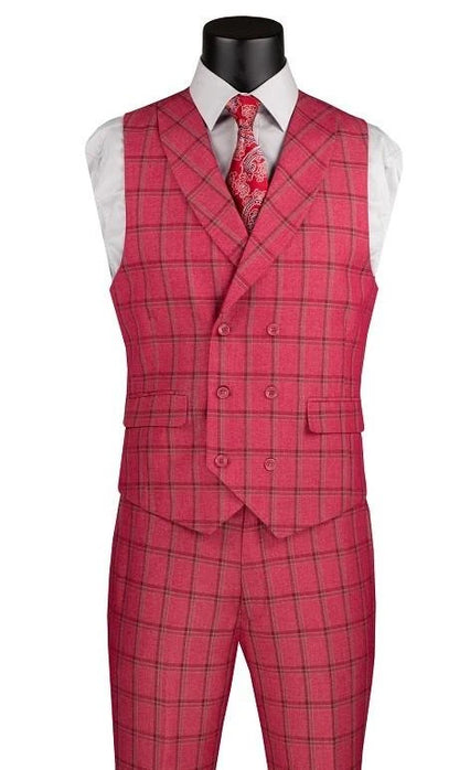 Vinci Men's 3 Piece Red Plaid Suit with Vest Modern Fit MV2W-4