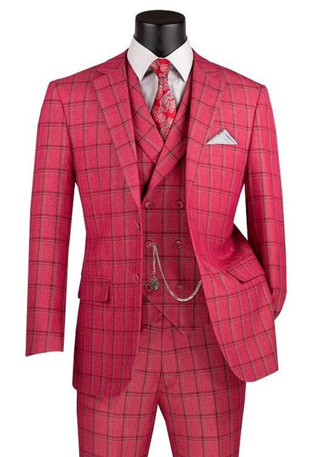 Vinci Men's 3 Piece Red Plaid Suit with Vest Modern Fit MV2W-4