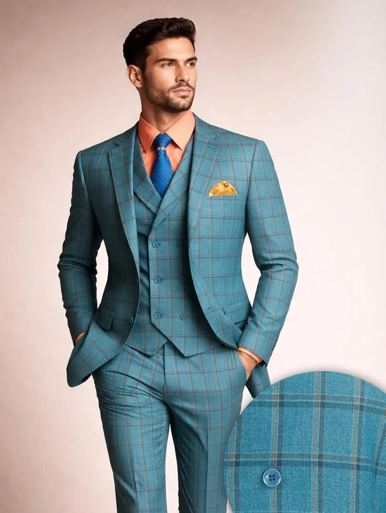 Vinci Men's 3 Piece Teal Plaid Modern Suit with DB Vest F-MV2W4