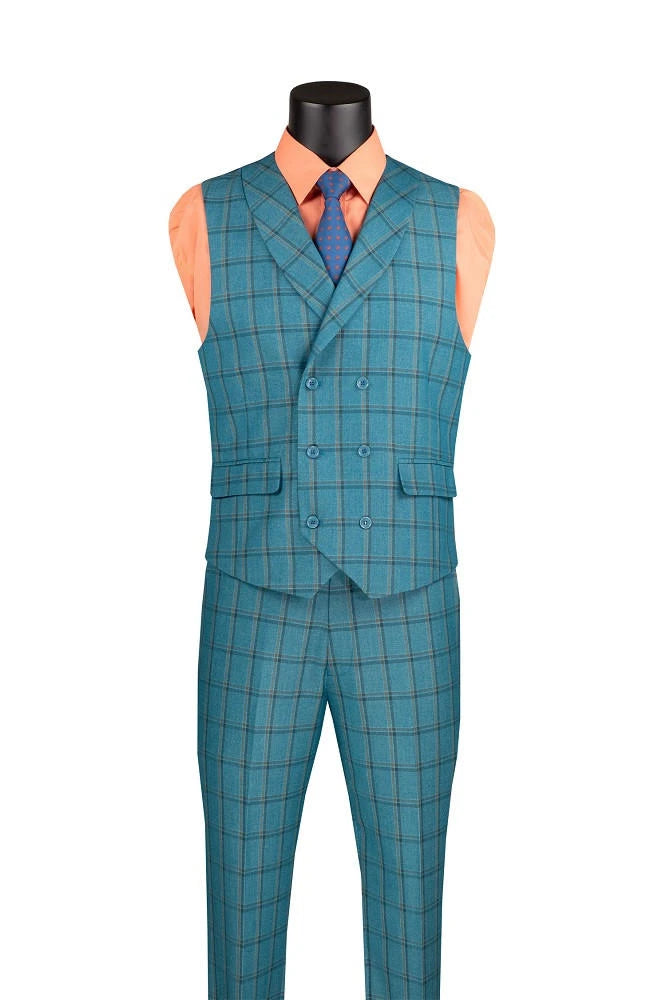 Vinci Men's 3 Piece Teal Plaid Modern Suit with DB Vest F-MV2W4
