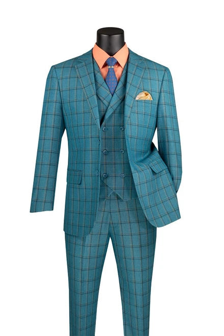 Vinci Men's 3 Piece Teal Plaid Modern Suit with DB Vest F-MV2W4