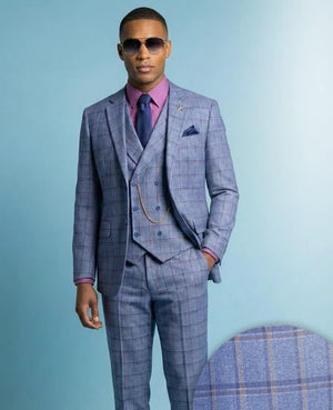 Vinci Men's Blue Plaid 3 Piece Church Suit Vested Modern Fit F-MV2W4