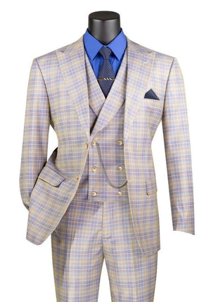 Vinci Men's Blue Plaid 3 Piece Suit Fancy Vest Modern Fit MV2W-3