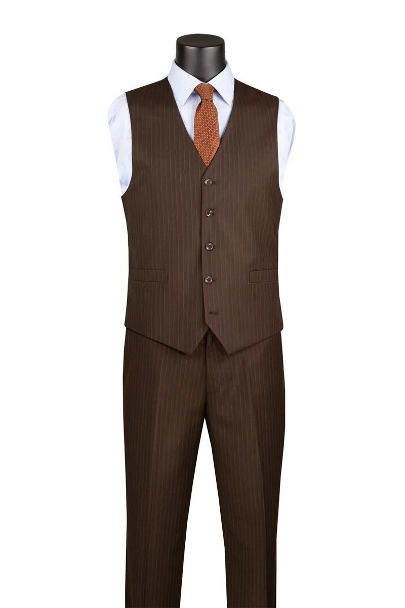 Mens Brown Pinstripe 3 Piece Suit Regular Fit Vinci V2RS-7