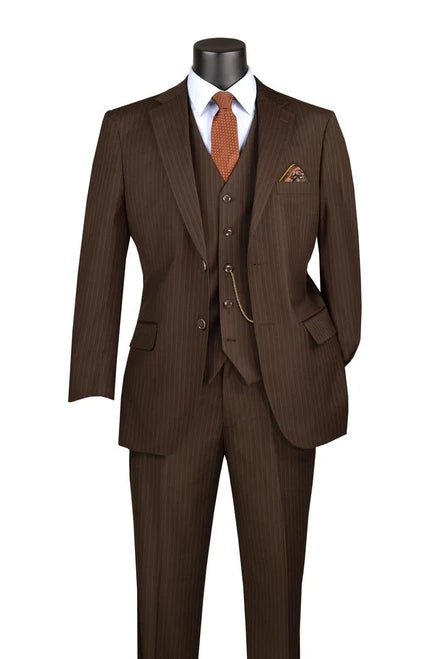 Mens Brown Pinstripe 3 Piece Suit Regular Fit Vinci V2RS-7