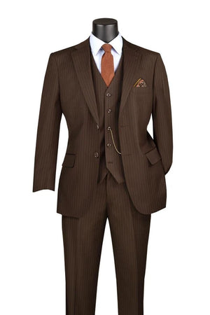 Mens Brown Pinstripe 3 Piece Suit Regular Fit Vinci V2RS-7