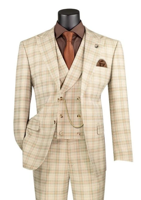 Vinci Men's Khaki Plaid 3 Piece Suit Fancy Vest Modern Fit MV2W-3