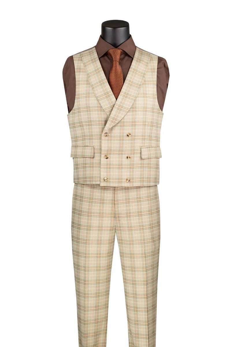 Vinci Men's Khaki Plaid 3 Piece Suit Fancy Vest Modern Fit MV2W-3
