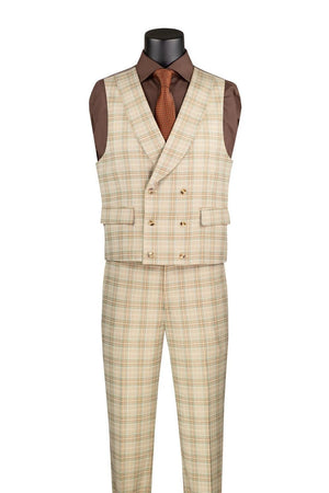 Vinci Men's Khaki Plaid 3 Piece Suit Fancy Vest Modern Fit MV2W-3