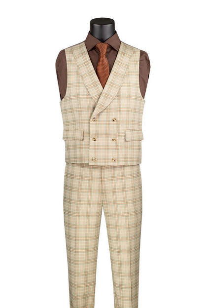 Vinci Men's Khaki Plaid 3 Piece Suit Fancy Vest Modern Fit MV2W-3