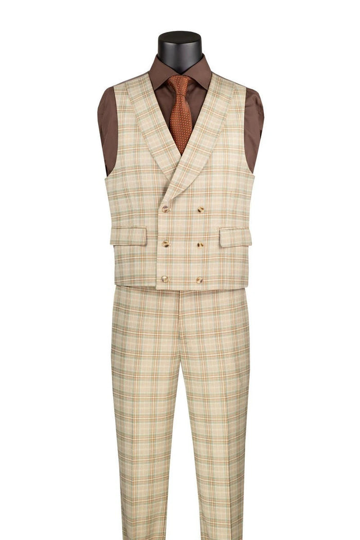 Vinci Men's Khaki Plaid 3 Piece Suit Fancy Vest Modern Fit MV2W-3