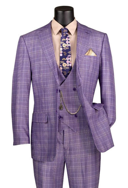 Vinci Mens Light Purple Glen Plaid Suit with Vest 3 pc V2RW-7