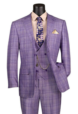 Vinci Mens Light Purple Glen Plaid Suit with Vest 3 pc V2RW-7