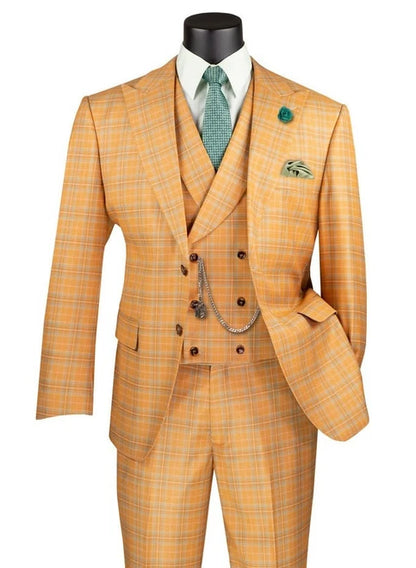 Vinci Men's Orange Plaid 3 Piece Suit Fancy Vest Modern Fit MV2W-3
