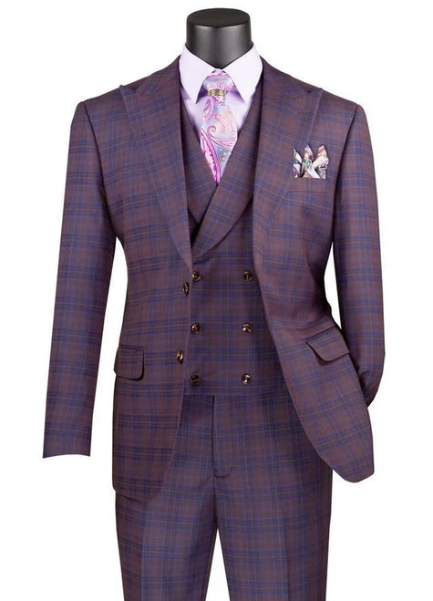 Vinci Men's Purple Plaid 3 Piece Suit Fancy Vest Modern Fit MV2W-3