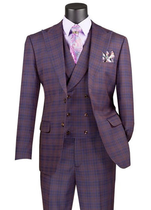 Vinci Men's Purple Plaid 3 Piece Suit Fancy Vest Modern Fit MV2W-3